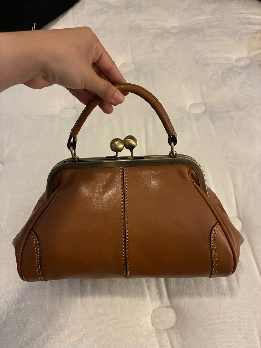 Structured Tan Leather Kiss-Lock Wristlet Clutch